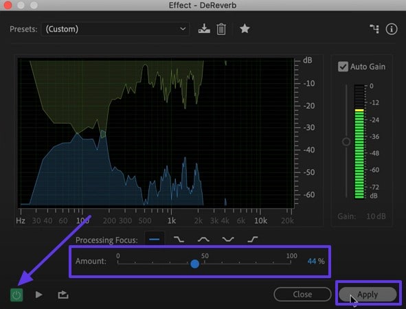 appliquer la quantité des effets de dereverb