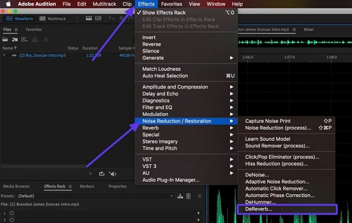 navigate dereverb noise reduction tool