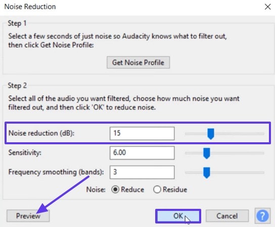 adjust db slider noise reduction