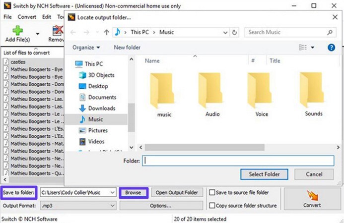 select save to folder location