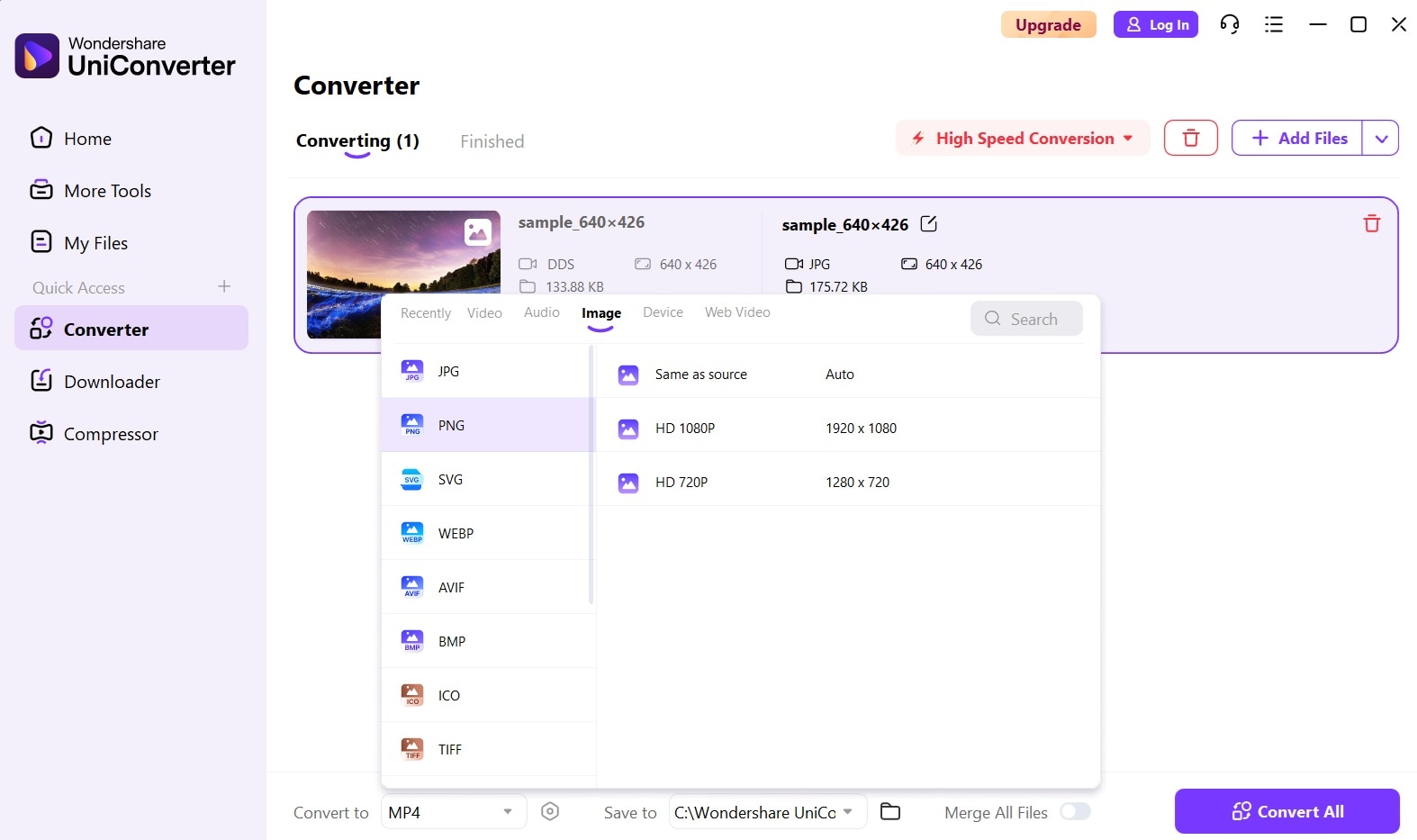 choose png as convert to format
