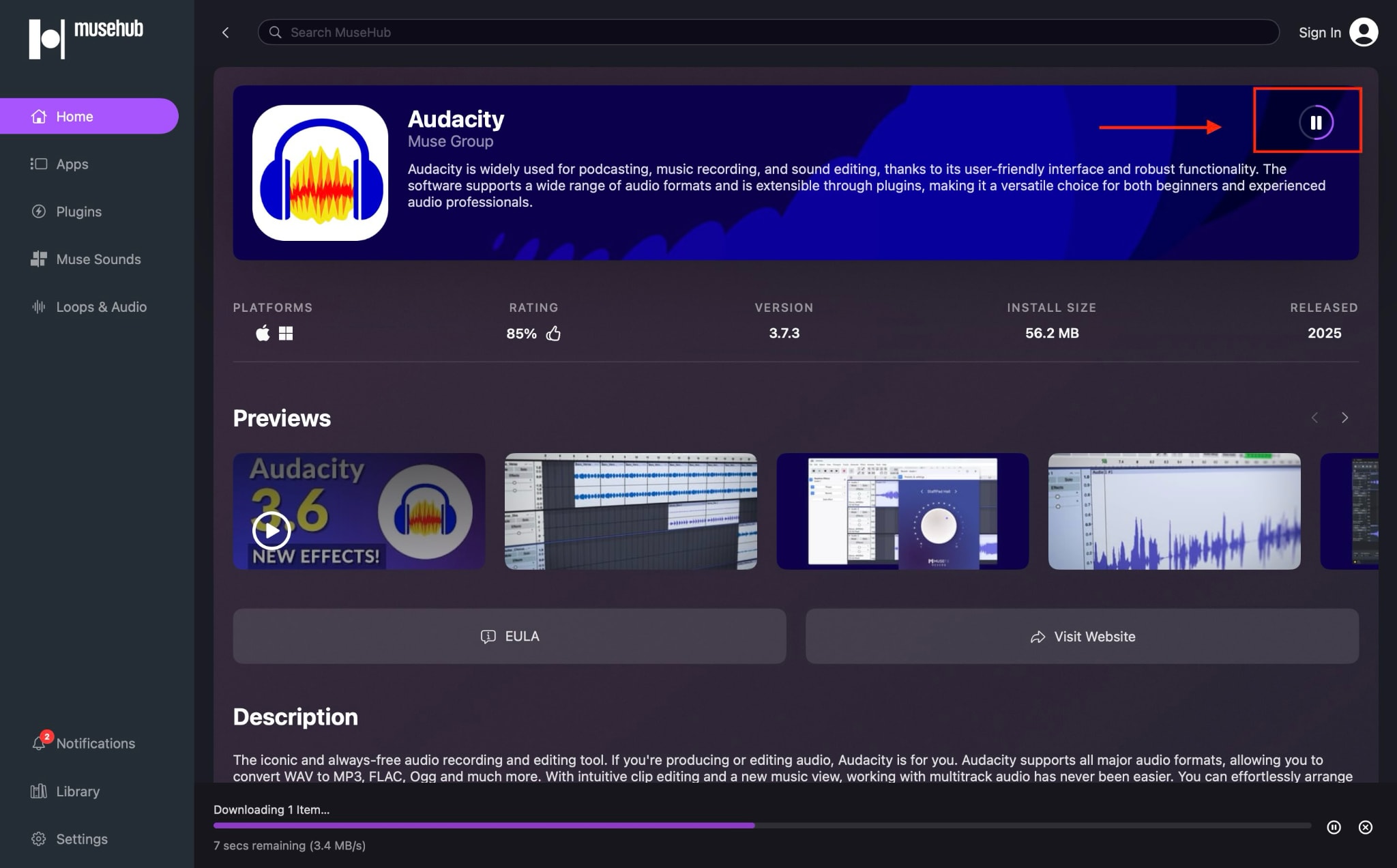 Audacity Download über MuseHub