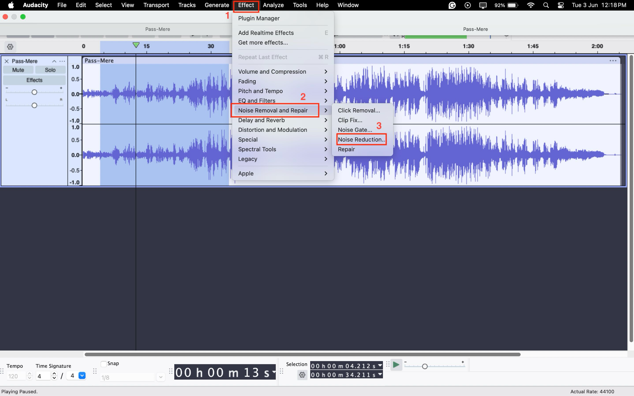 Audacity Rauschreduzierung auswählen