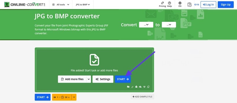 start convert jpg to bmp format