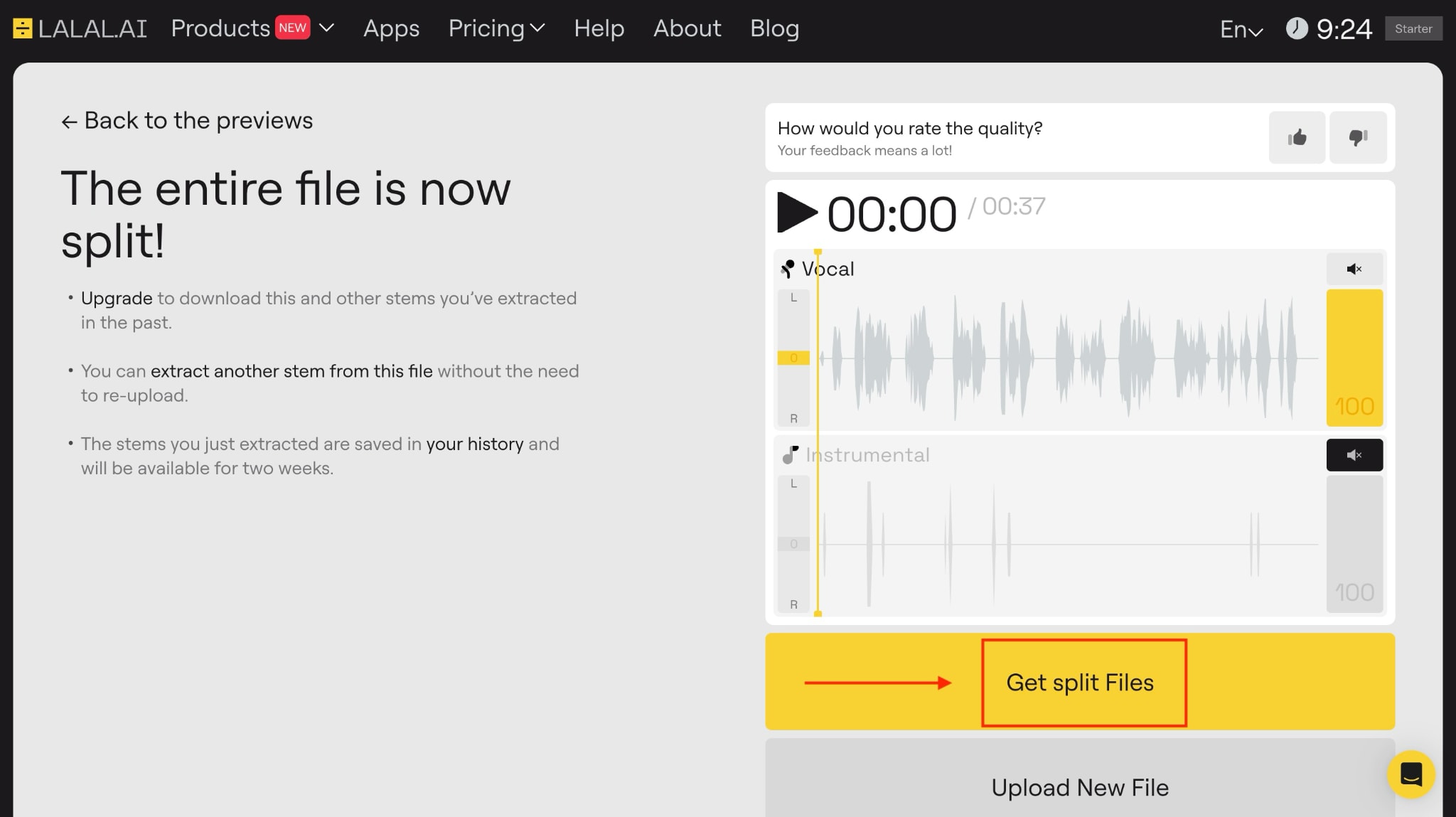 lalal.ai get split files