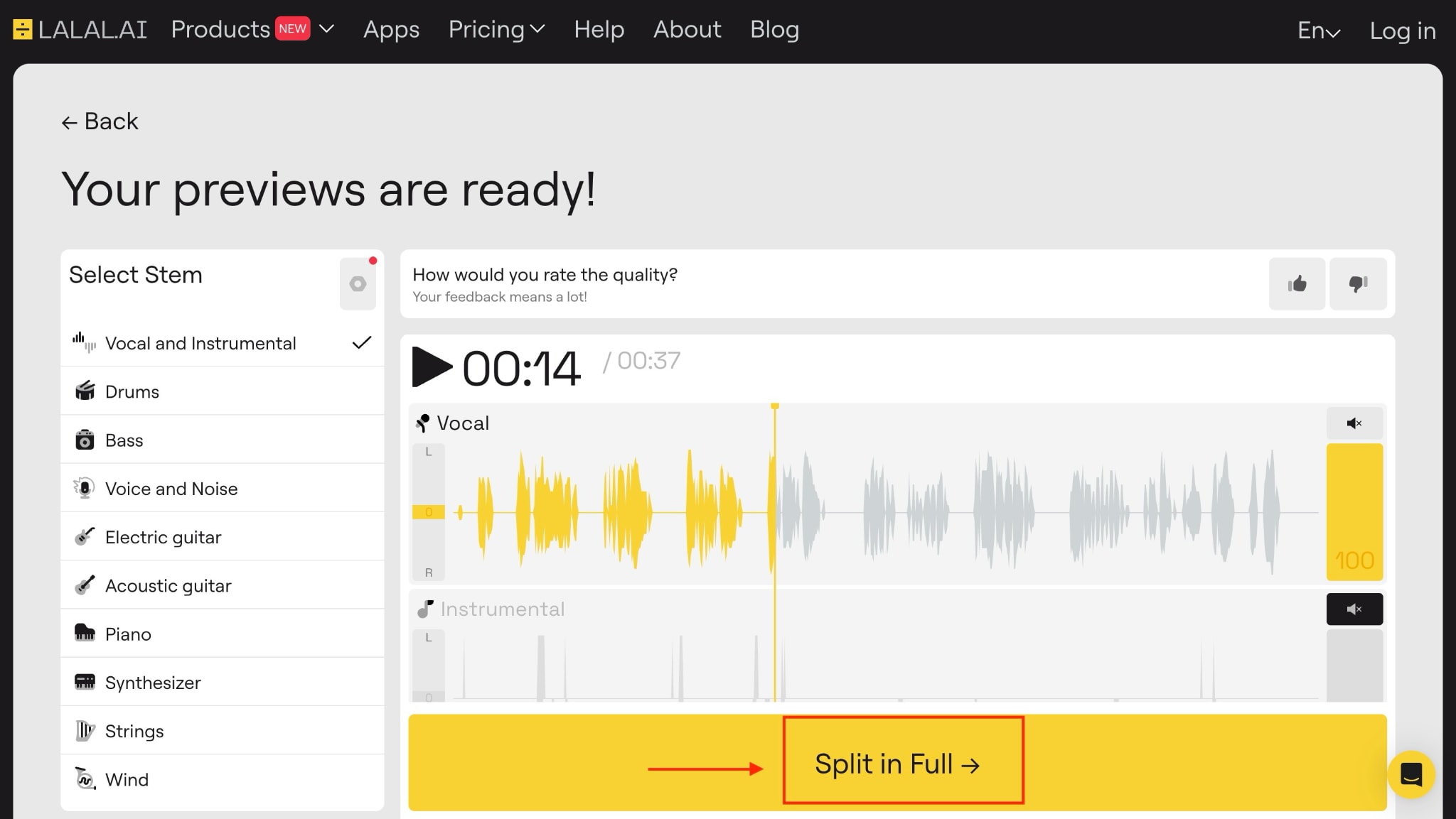 lalal.ai split file