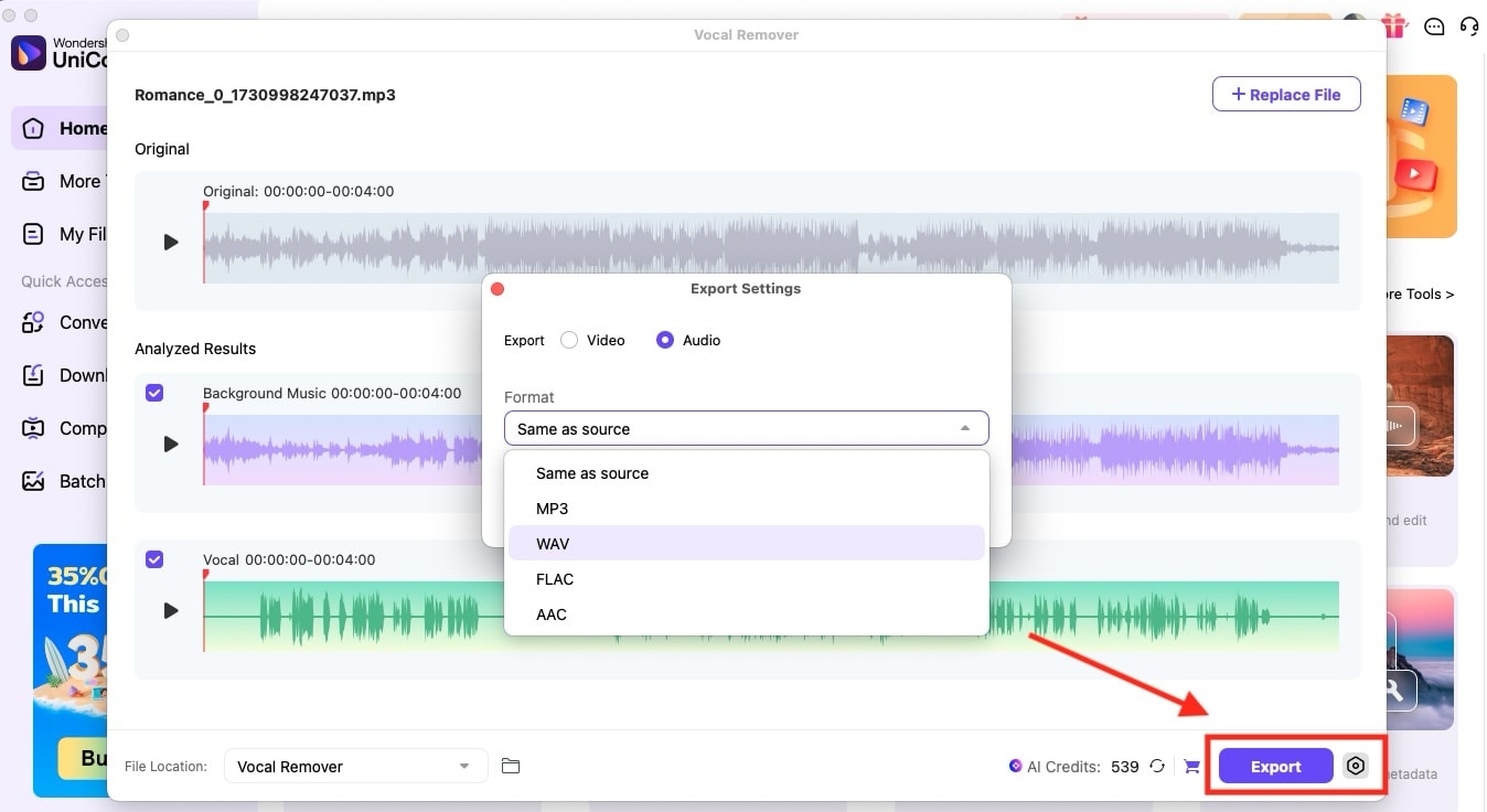 wondershare uniconverter create instrumental from song