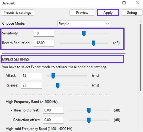 audacity reduce reverb sliders