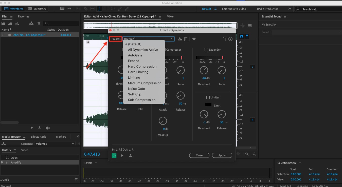 adobe audition amplitude and compression presets