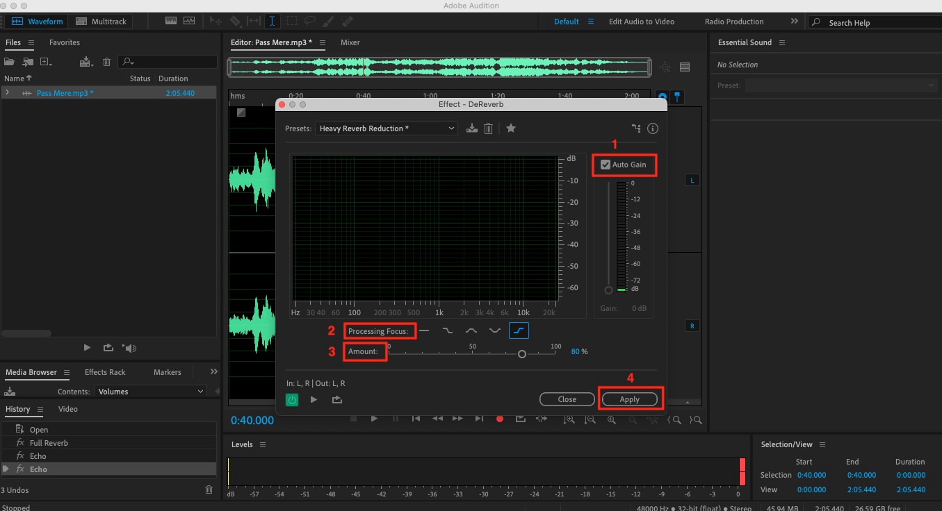 adobe audition dereverb apply changes