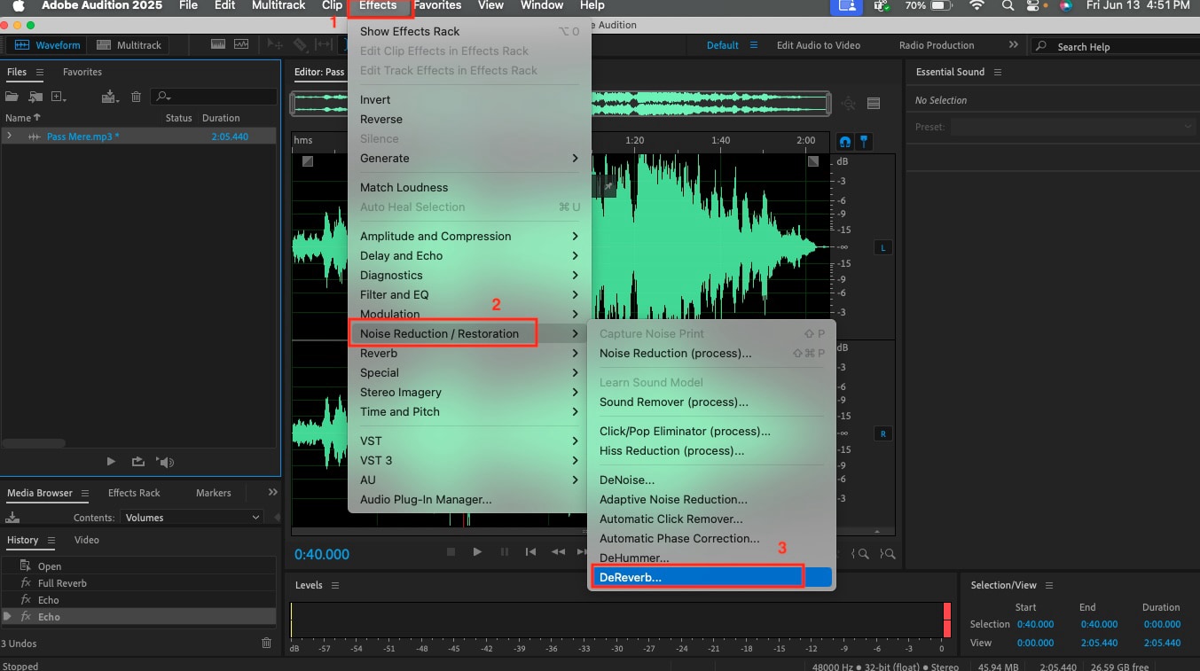 adobe audition effects dereverb