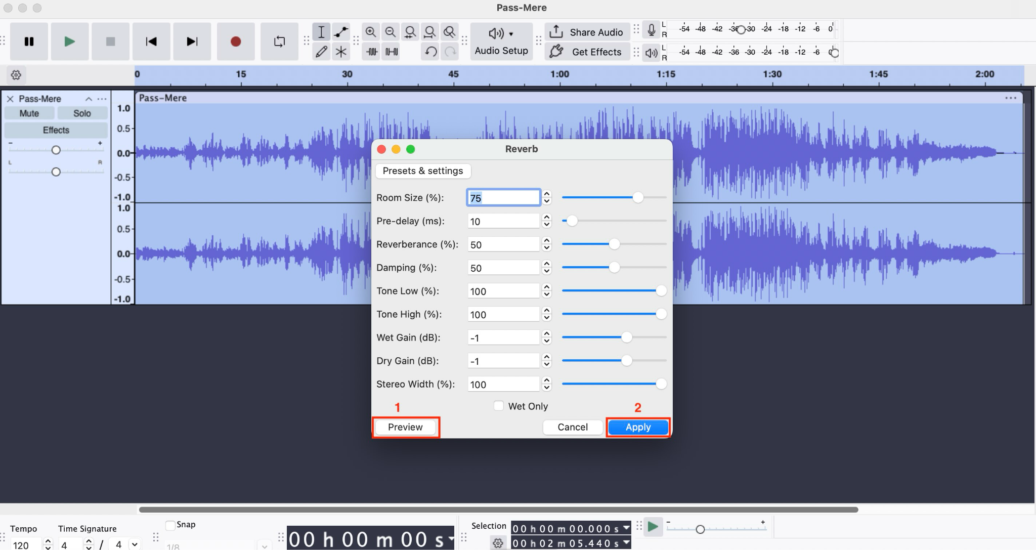 audacity apply changes