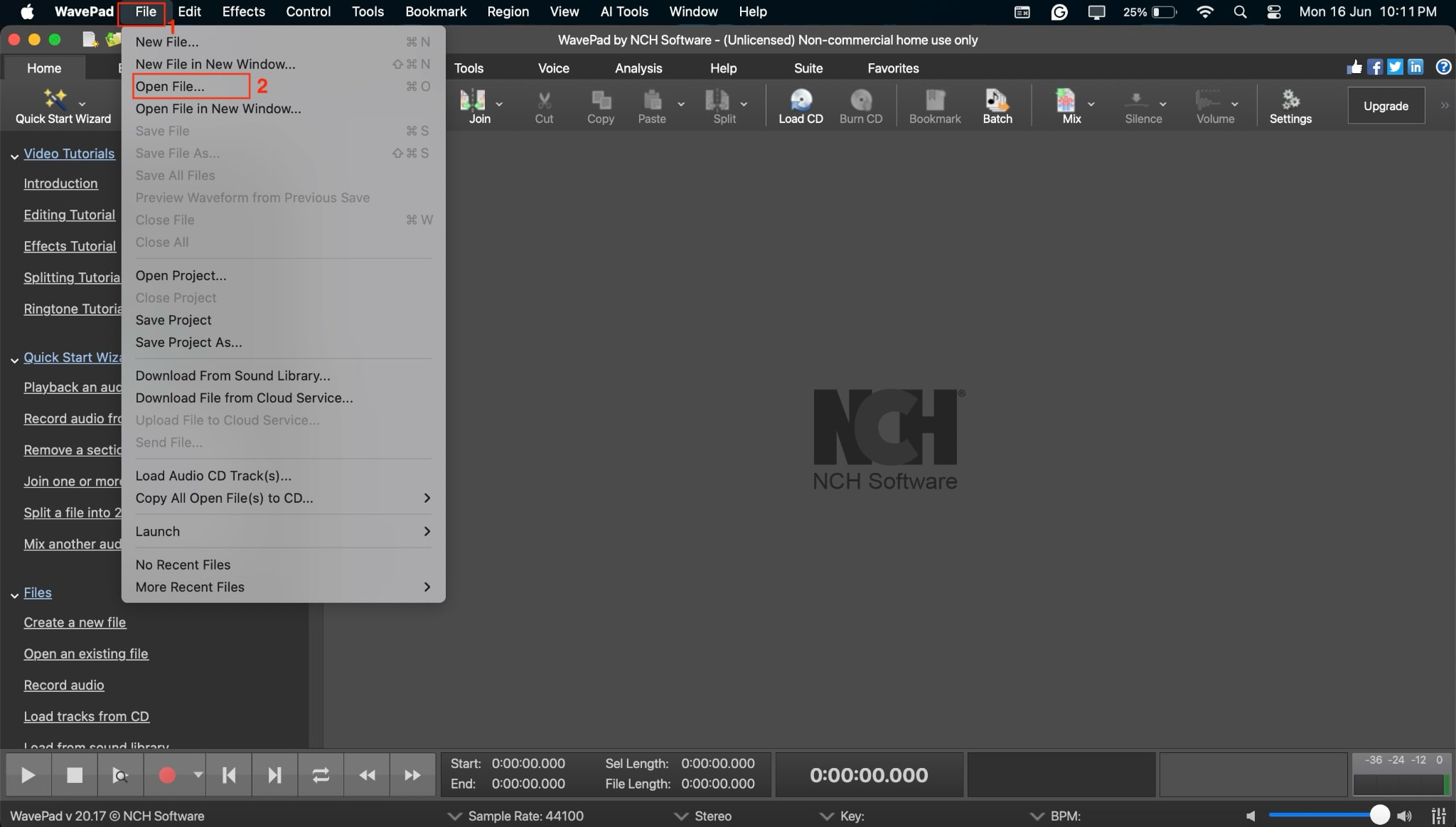 wavepad audio editor open file