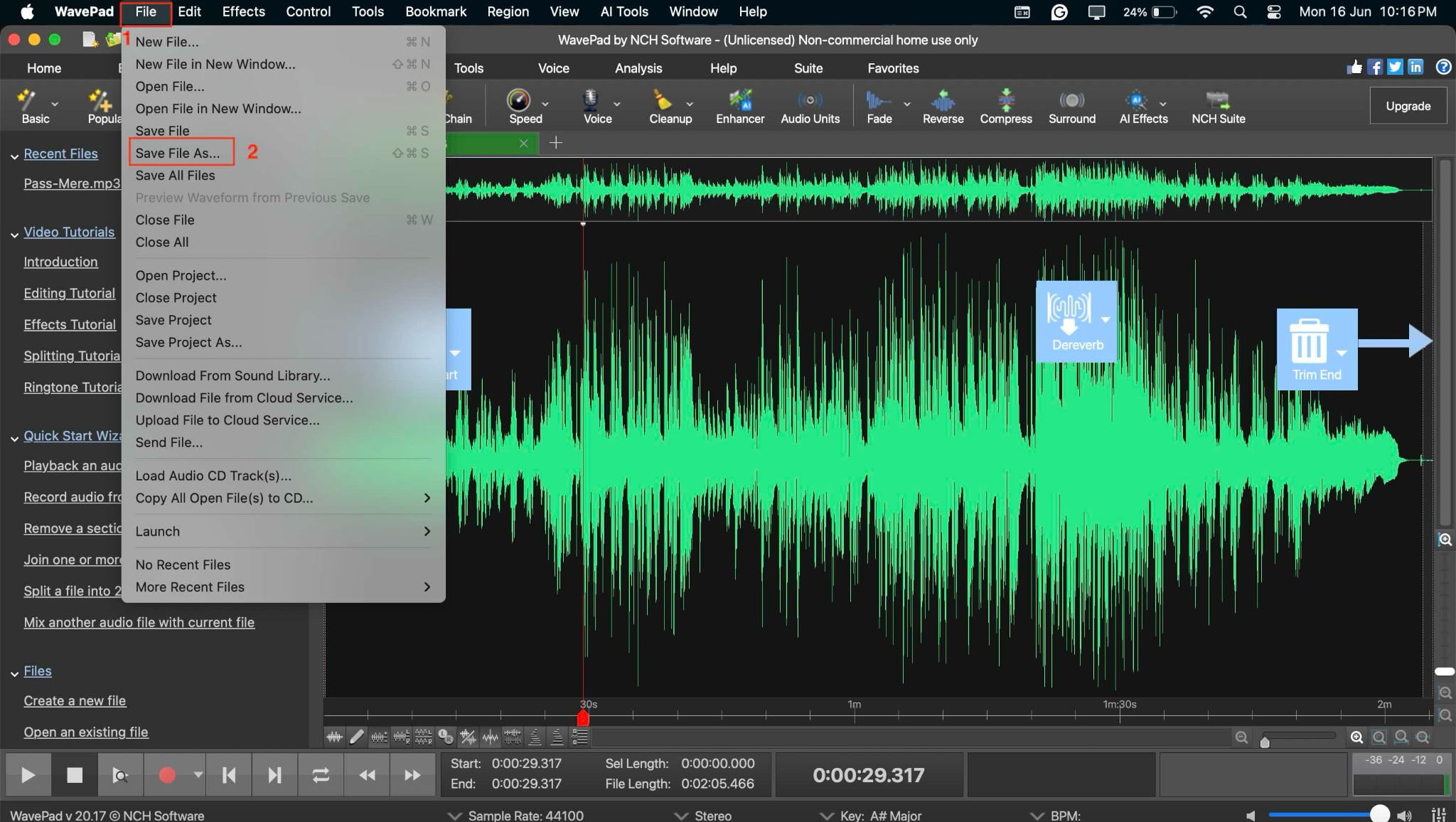 wavepad audio editor save file