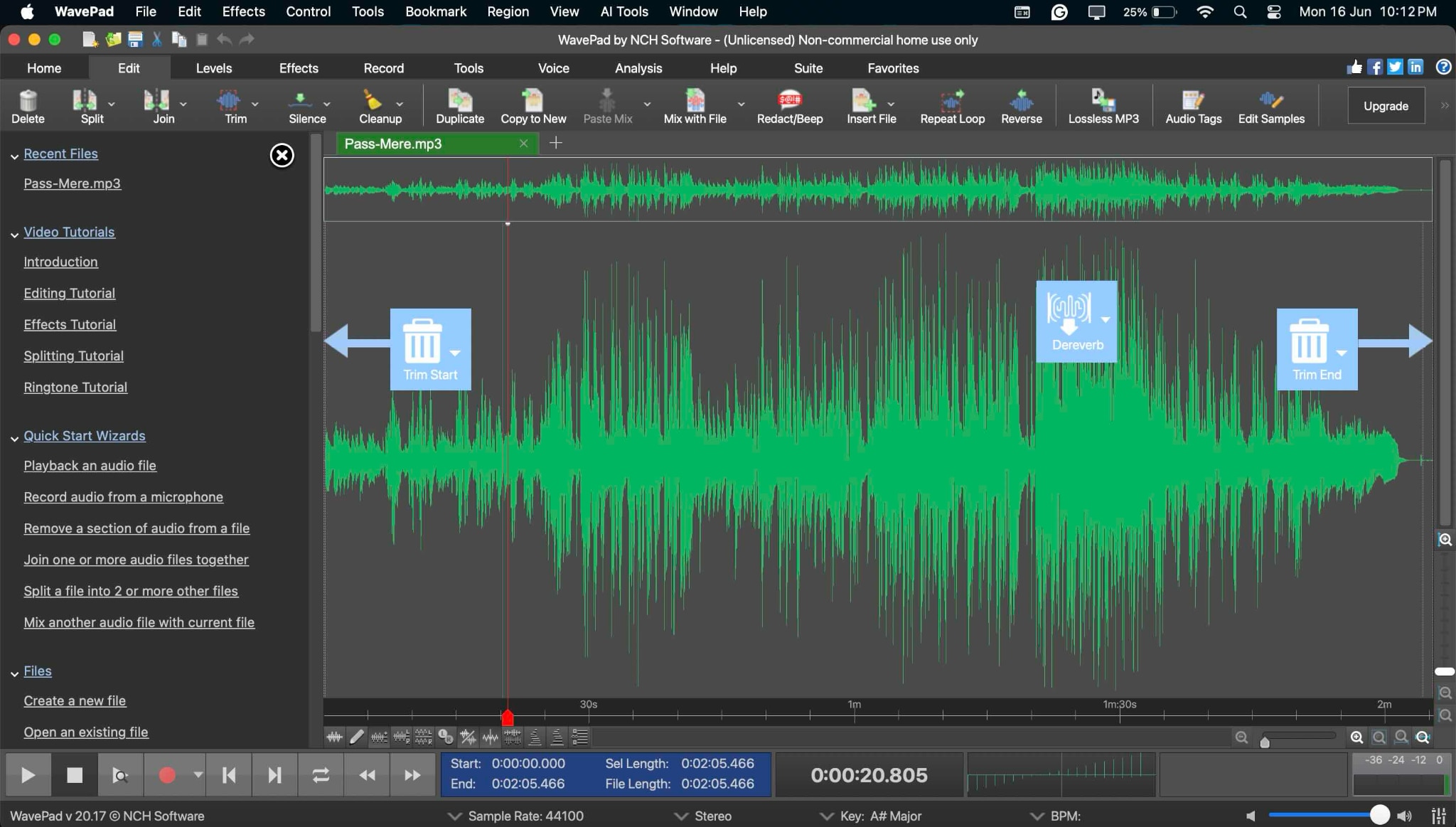 wavepad audio editor select all