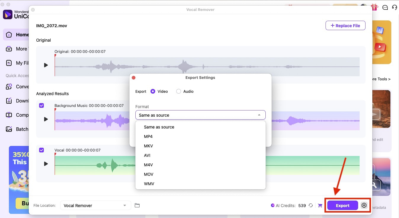 wondershare uniconverter export files