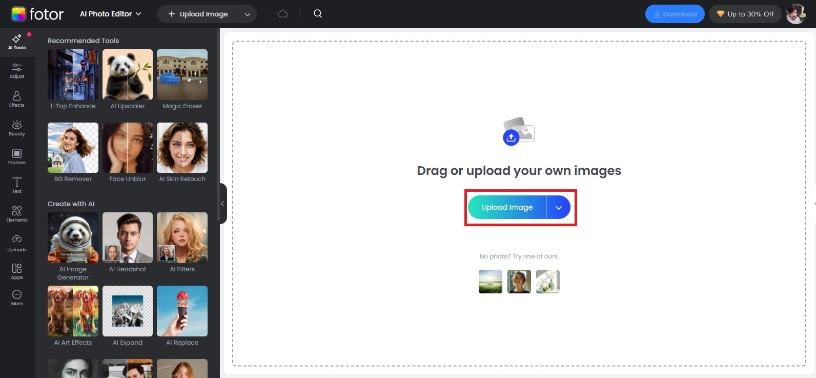 upload a photo in fotor