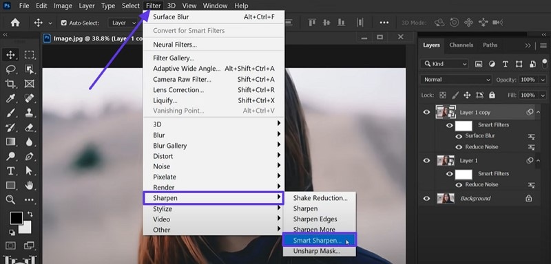 pick smart sharpen noise for photoshop