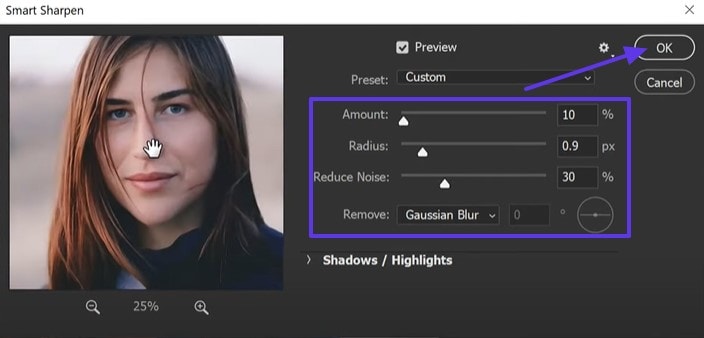 photoshop remove noise adjust sharpen