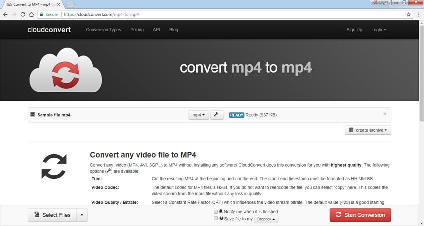reduce video file size online using Cloud Convert