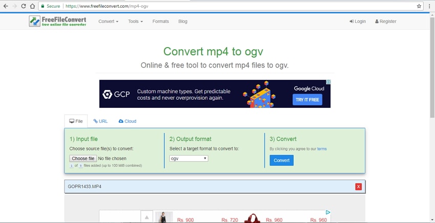 convert MP4 to OGV using FreeFileConvert