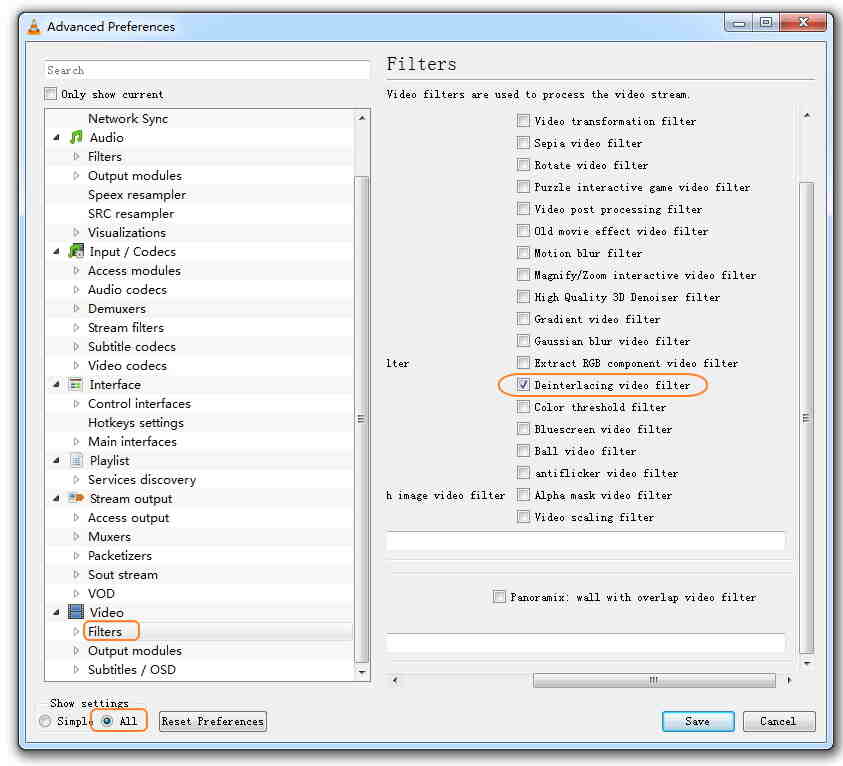 Set Preferences in VLC and restart the player