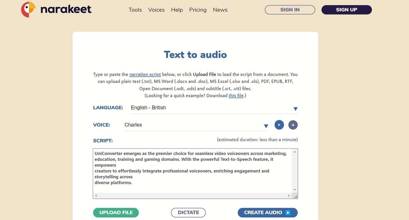 narakeet herramienta pdf de conversión de texto a voz