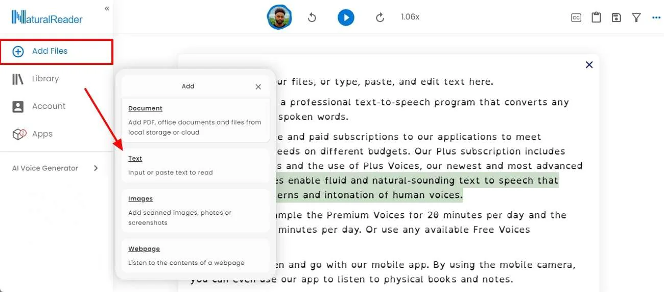 start to add text in naturalreader