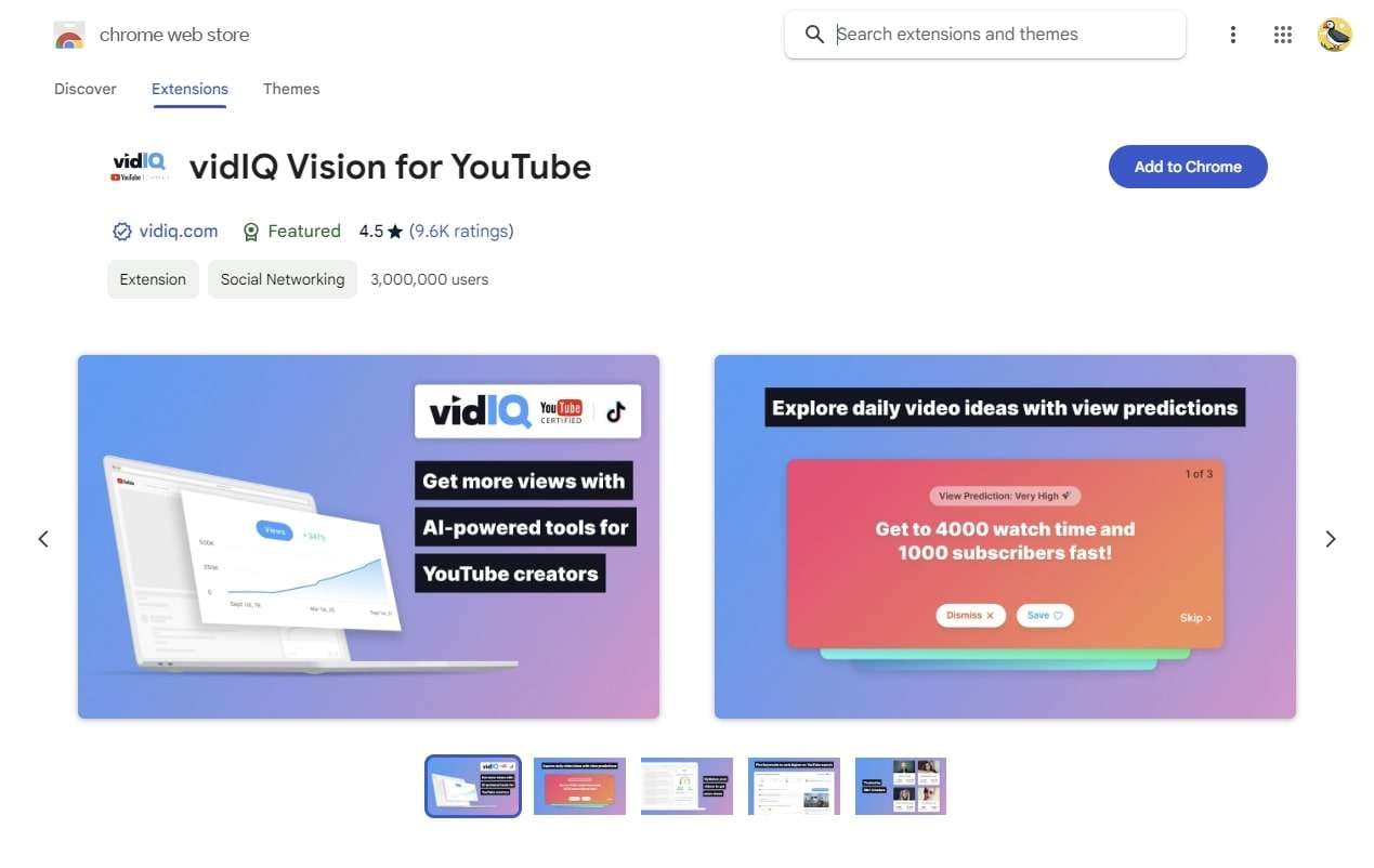 instala la extensión vidiq vision para youtube