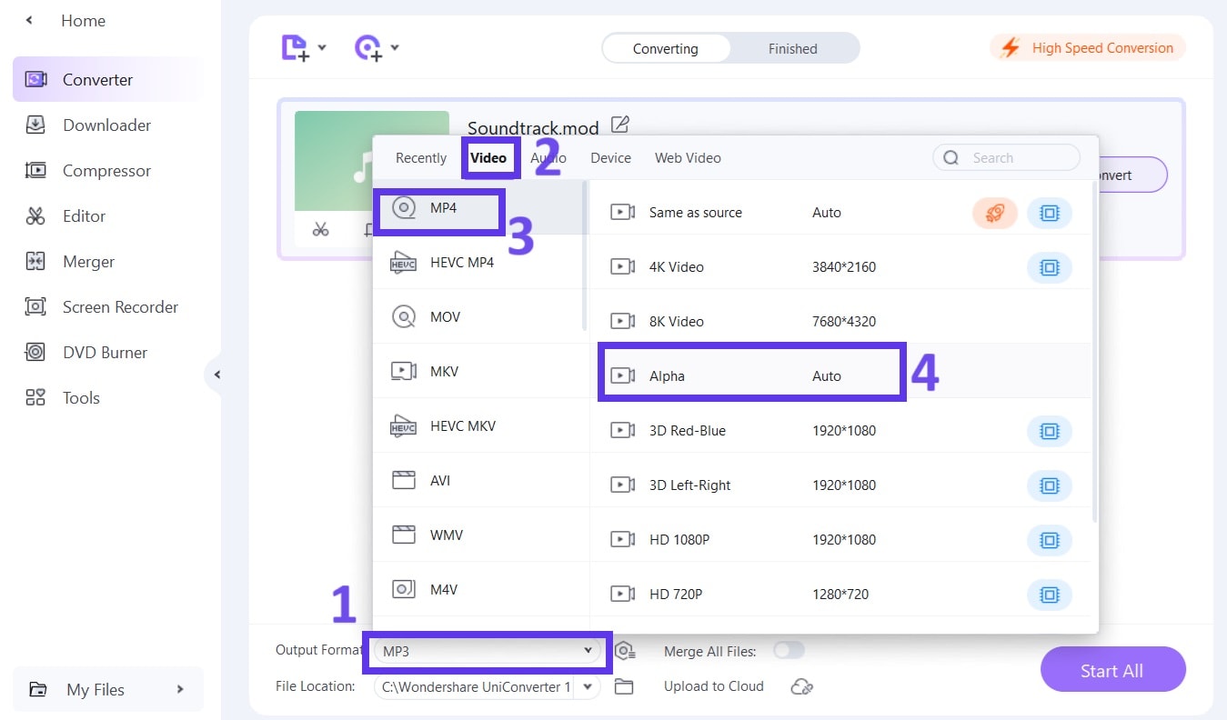 uniconverter mod to mp4 converter step3