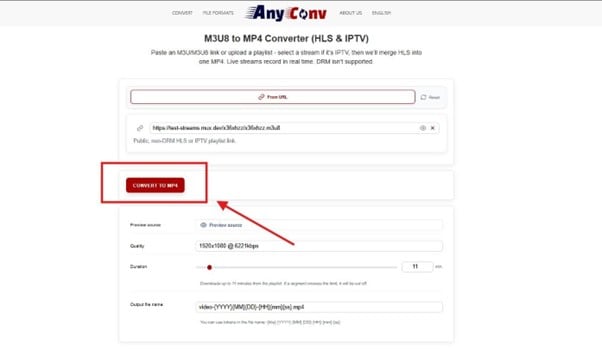anyconv paste m3u8 links and convert to mp4