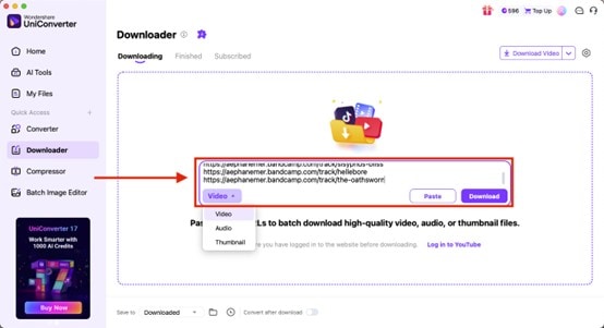paste bandcamp album links to uniconverter downloader