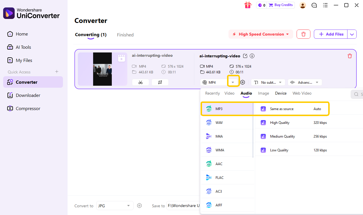 import file and choose mp3 as output format