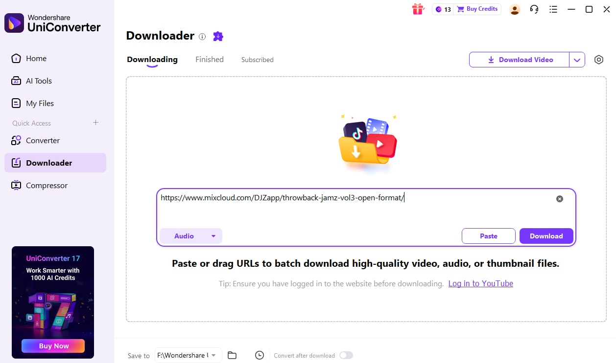 paste url to download mixcloud to mp3