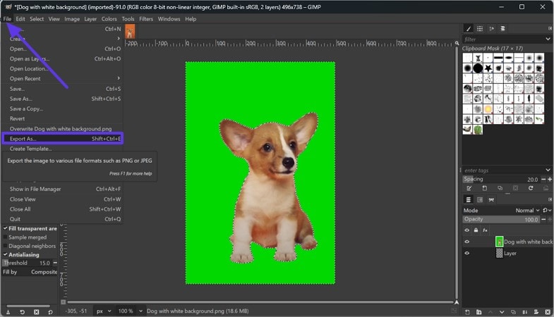 after gimp remove background click export