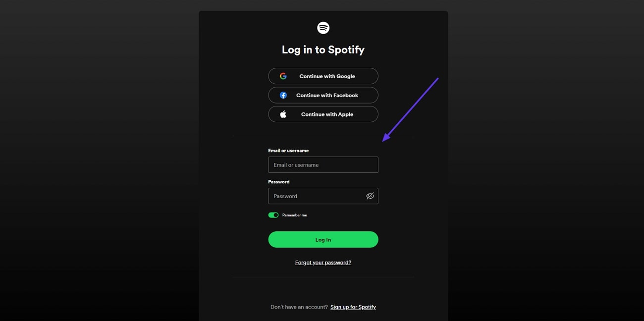 provide credentials to log into spotify