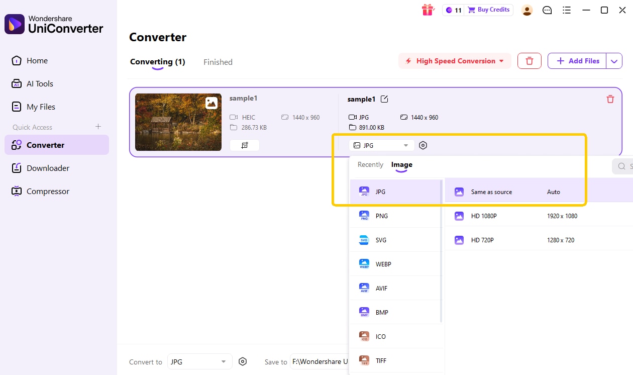 upload heic image and choose output format