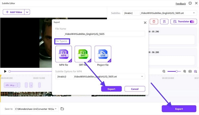 export subtitles generated uniconverter