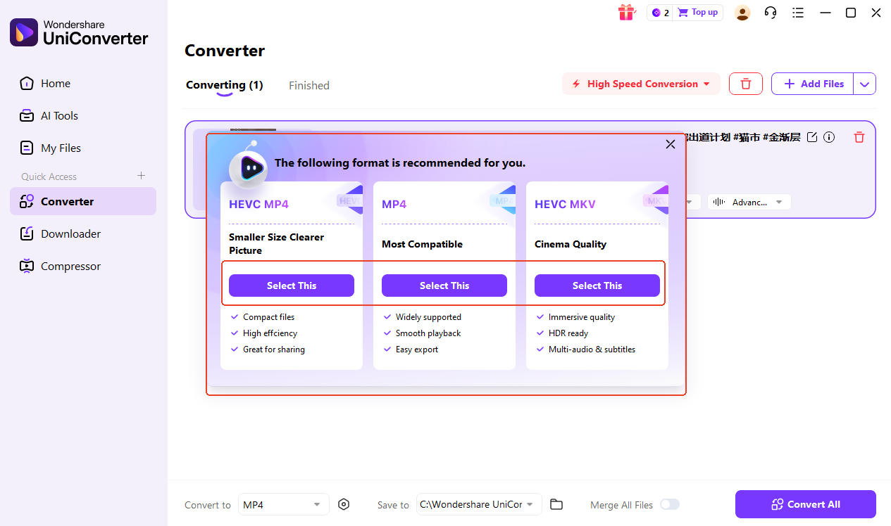 UniConverter 17 AI format recommendation panel for choosing HEVC MP4, MP4, or HEVC MKV