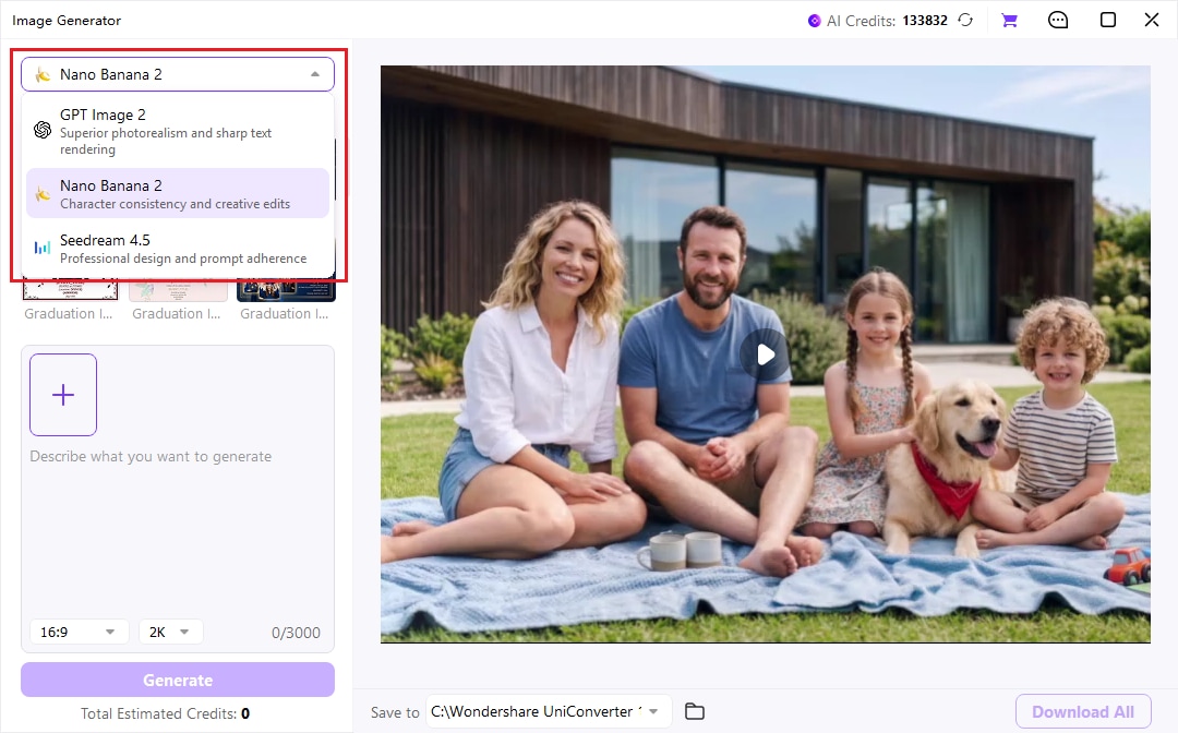 UniConverter 17 AI Image Generator with selectable models and image generation workspace