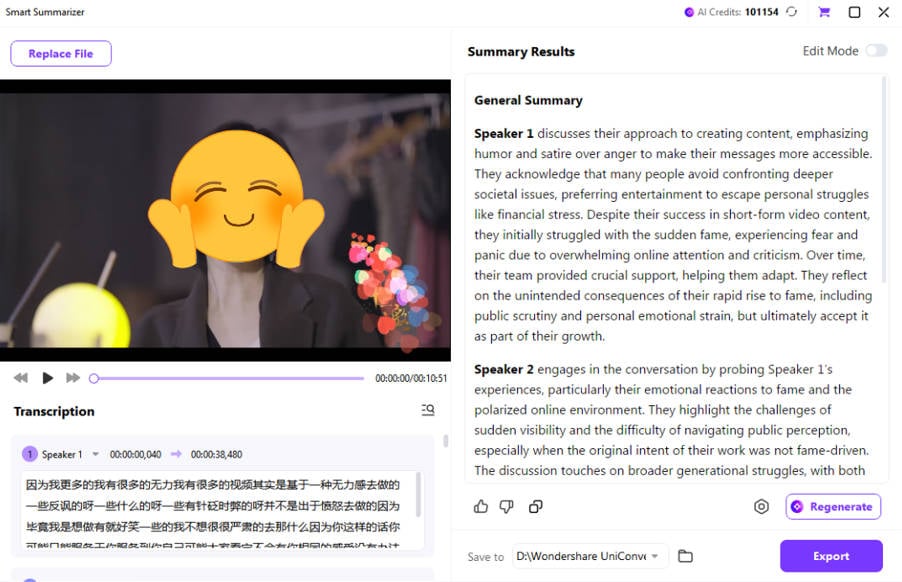 UniConverter 17 Smart Summarizer with video transcript and editable summary results