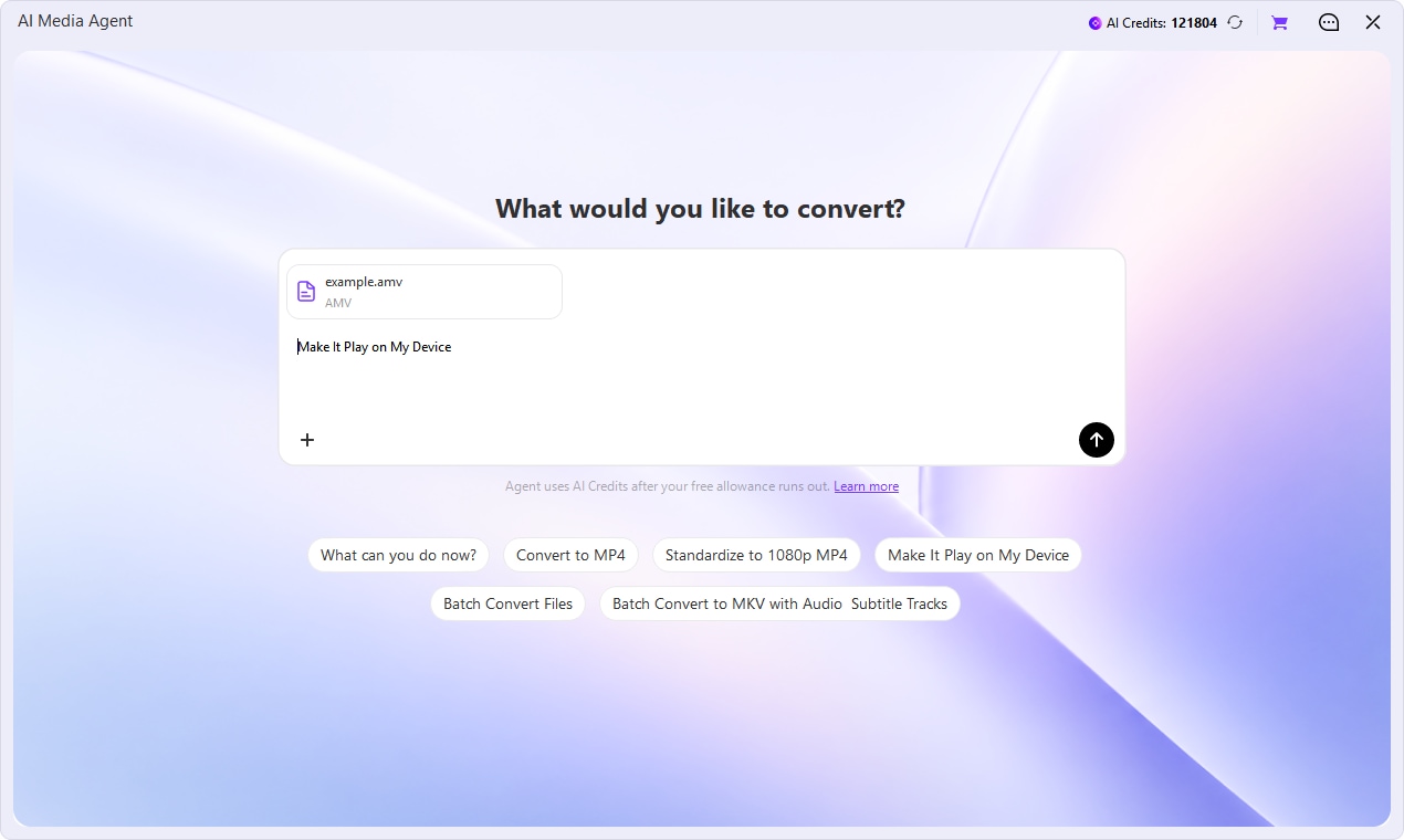 UniConverter 18 AI Media Agent with a natural language conversion request