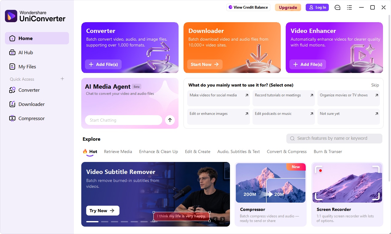 UniConverter 18 home screen with Converter, Downloader, Video Enhancer, and AI Media Agent