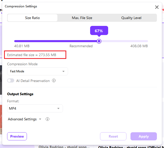 UniConverter 18 compression settings with Size Ratio, Max File Size, and Quality Level tabs