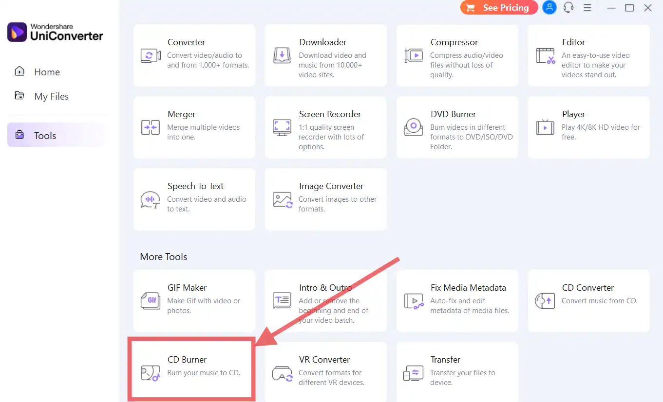 finding “CD Burner”in uniconverter