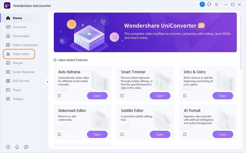 Access Wondershare UniConverter Video Editor.