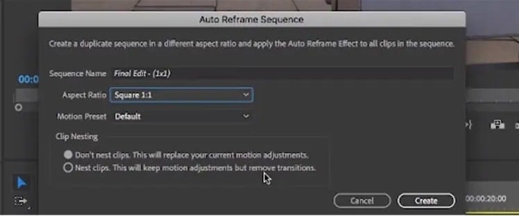 Auto Reframe Sequence window