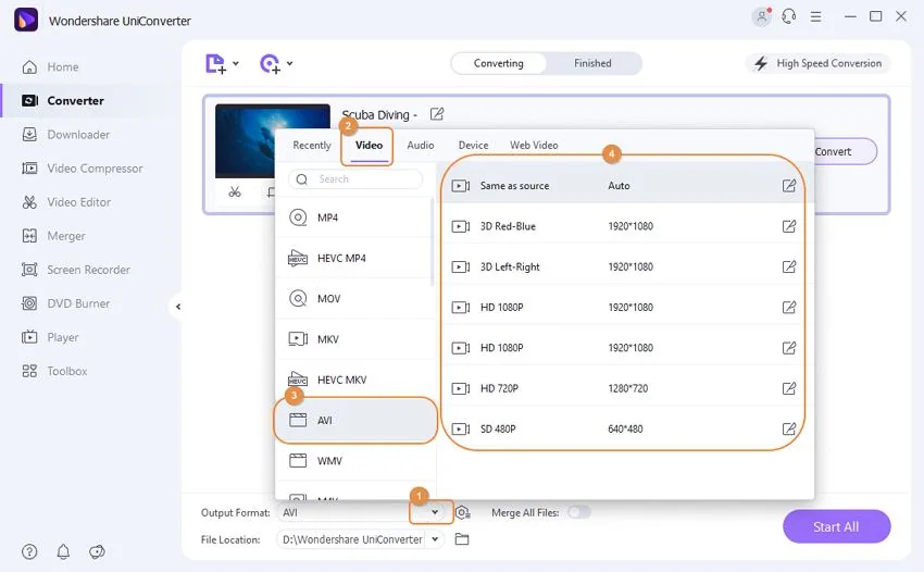 scegli avi come output per file dvr