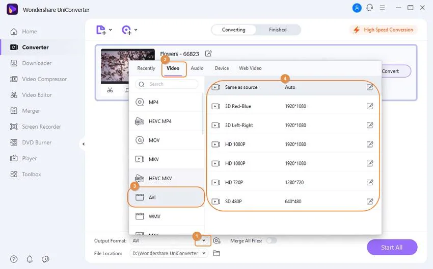 choose AVI format for MKV to AVI conversion