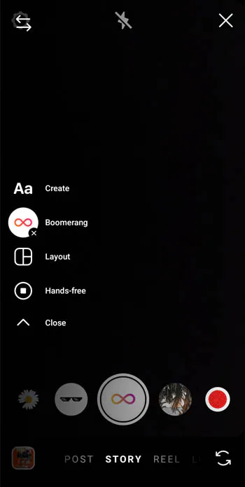 sélectionnez le menu boomerang de l’appareil photo Instagram